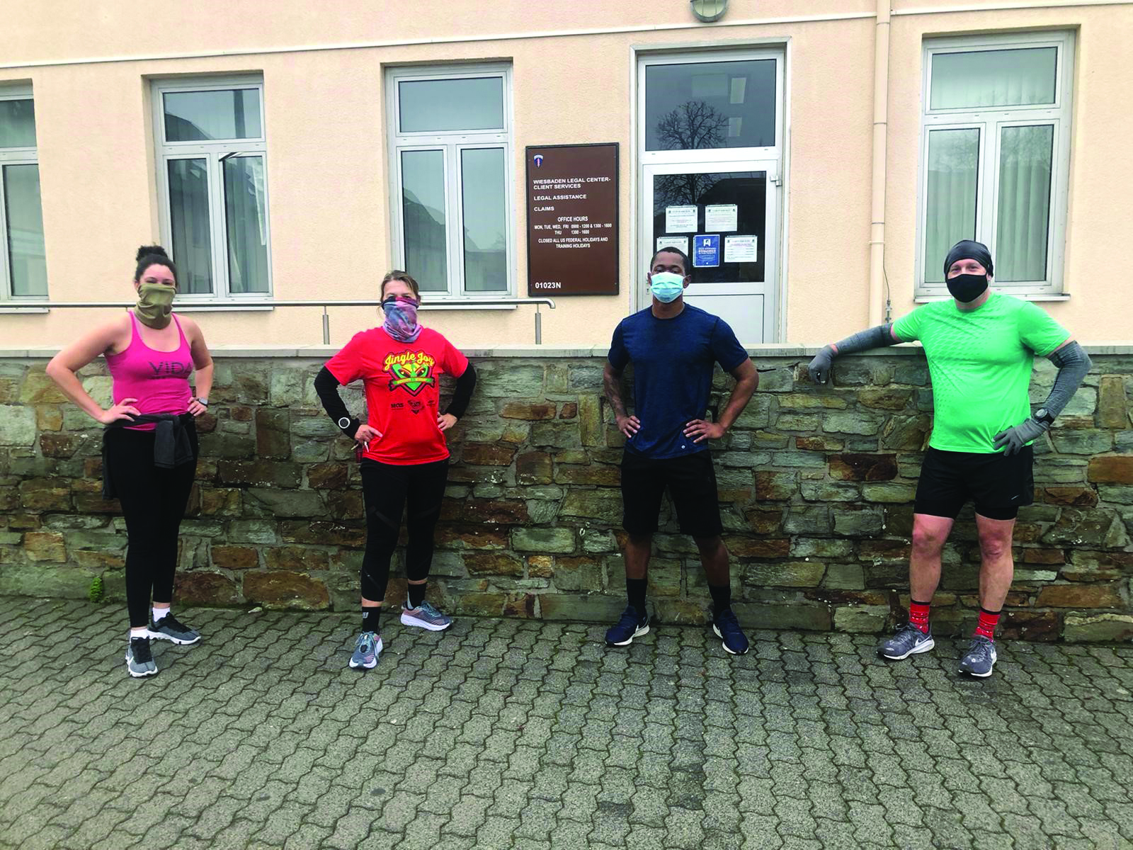 On 17 December 2020, members of the Client Services Division at USAREUR-AF participated in the Virtual 5k Jingle Bell Jog. Pictured from right to left: MAJ(P) Craig Ford, SGT Dawon David, Ms. Christine Hauser, and CPT Katherine Evangelista. Not pictured: CPT Avery Ory, who completed her 5k while on leave in Texas.